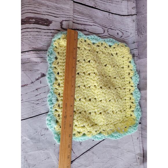 Crocheted Yellow Mint Green Baby Doll Blanket About 11x11in Handmade? - Picture 3 of 5